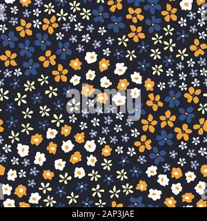 Colorful Artistic Ditsy Allover Graphic Floral Vector Seamless Pattern. Simplistic Small Hand Drawn Daisies, Scattered Abstract Blooms on Black Backgr Stock Vector