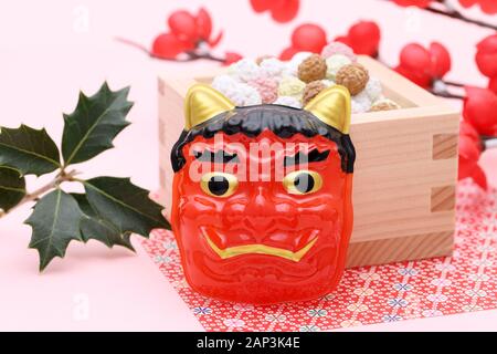 Japanese traditional Setsubun event, Masks of Oni demon and soybeans are used on an annual event Stock Photo