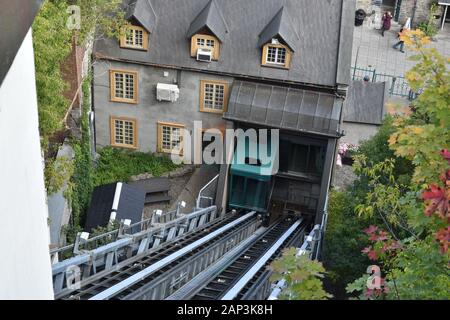 'Le Funiculaire du Vieux-Québec' The Funicular of Old Quebec City connecting the upper city with Petit-Champlain in the Ville de Quebec, Canada Stock Photo