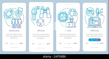 Startup, company camps onboarding mobile app page screen vector template. Team building, HR training. Walkthrough website steps with linear illustrati Stock Vector