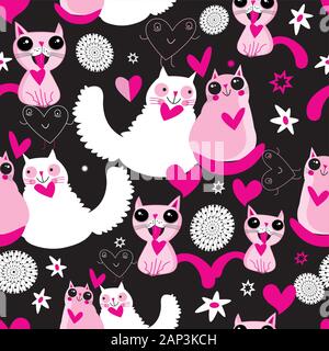 Seamless bright festive pattern of cats in love on a dark background Stock Vector