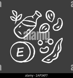 Vitamin E chalk icon. Peanuts, peas and beans. Seed oil. Healthy diet. Minerals, antioxidants. Tocopherol natural food source. Dairy products. Proper Stock Vector