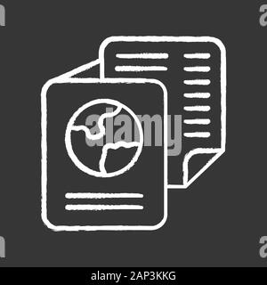 Immigration documents chalk icon. International passport. Identification document. Flight ticket. Travel and tourism. Passenger personal information. Stock Vector