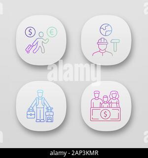 Immigrants app icons set. Economic migrant, family sponsorship immigration. Job for immigrants. Travelling abroad. UI/UX user interface. Web or mobile Stock Vector