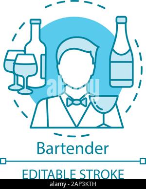 Bartender concept icon. Barman, barkeeper idea thin line illustration. Restaurant, bar staff. Catering business. Wine, alcoholic beverage in bottle. V Stock Vector
