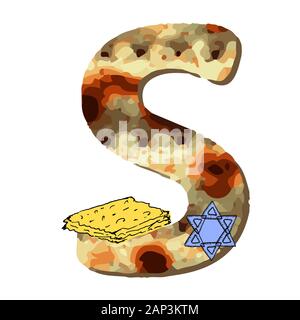 English alphabet for the holiday of Passover of letters with the texture of matzo. Font matza. Vector illustration on isolated background. Stock Vector