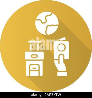 Immigration yellow flat design long shadow glyph icon. Trip planning, holiday vacation organization. Travelling abroad. Packed baggage. Migration docu Stock Vector