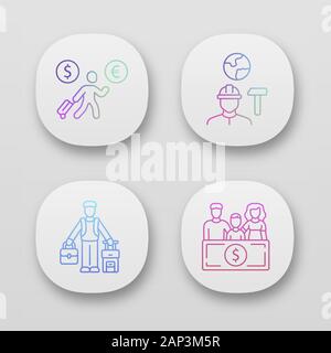 Immigrants app icons set. Economic migrant, family sponsorship immigration. Job for immigrants. Travelling abroad. UI/UX user interface. Web or mobile Stock Vector
