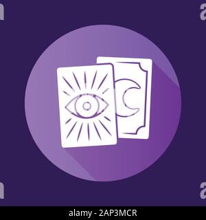 Tarot cards purple flat design long shadow glyph icon. Tarocchi, tarock, oracle cards. Fortune telling, divination, cartomancy. Occultism, witchcraft Stock Vector