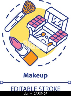 Makeup concept icon. Make up artist kit, equipment idea thin line illustration. Eye shadows, lipstick and brush vector isolated outline drawing. Cosme Stock Vector