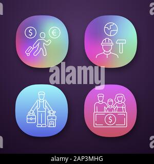 Immigrants app icons set. Economic migrant, family sponsorship immigration. Job for immigrants. Travelling abroad. UI/UX user interface. Web or mobile Stock Vector