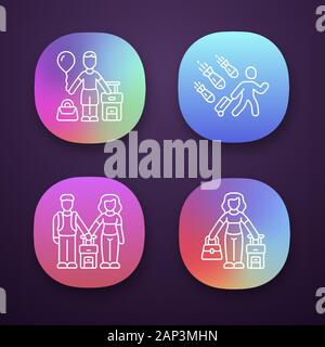 Refugees app icons set. Couple, kid travel abroad with suitcase. Tourist, traveler, passenger. Immigrant child, family. UI/UX user interface. Web or m Stock Vector
