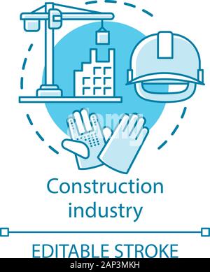 Construction industry concept icon. Building sector. Crane, house, hard hat, work gloves. Real estate engineering idea thin line illustration. Vector Stock Vector