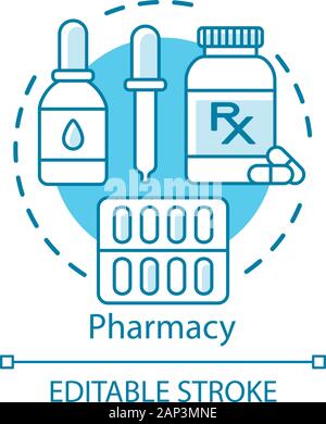 Pharmacy concept icon. Pharmacological products. Medicine, drugs in tablets, drops, capsules. Treatment plan. Drugstore idea thin line illustration. V Stock Vector