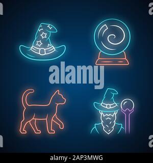 Magic neon light icons set. Wizard hat, fortune telling crystal ball, witch cat, magician. Witchcraft, sorcery mystic items. Halloween symbols. Glowin Stock Vector