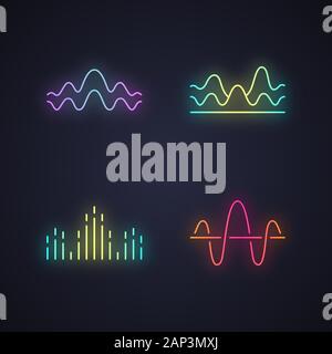 Sound waves neon light icons set. Glowing signs. Noise, vibration frequency. Volume, equalizer level wavy lines. Music waves, rhythm. Digital curve so Stock Vector