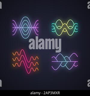 Sound waves neon light icons set. Glowing signs. Vibration, noise amplitude, levels. Soundwaves, digital waveform. Audio, music, melody rhythm frequen Stock Vector
