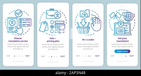 Translation service process blue onboarding mobile app page screen vector template. Select pricing plan. Walkthrough website steps with linear illustr Stock Vector
