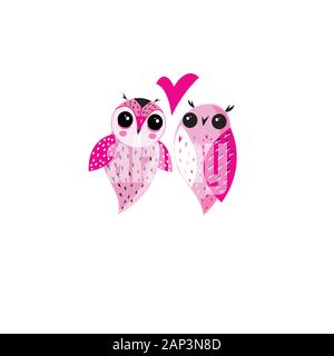 Pink owls in love on a white background with a heart Stock Vector