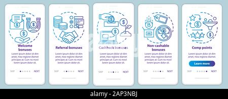 Casino bonuses onboarding mobile app page screen with linear concepts. Gambling. Comp points, cash back, referral, welcome bonuses. Walkthrough steps Stock Vector