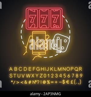 Play neon light concept icon. Slots machine, one armed bandit games idea. Gambling addiction. Games of chance. Mobile casino and betting. Glowing alph Stock Vector