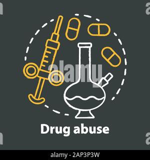 Drug abuse chalk concept icon. Narcotic, opioid addiction idea. Bong, syringe and pills. Cocaine, heroin and marijuana. Substance abuse. Vector isolat Stock Vector
