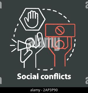 Social conflicts and disputes chalk concept icon. Antisocial behaviour, violence and unrest idea. Riot, strike, civil protest. Vector isolated chalkbo Stock Vector