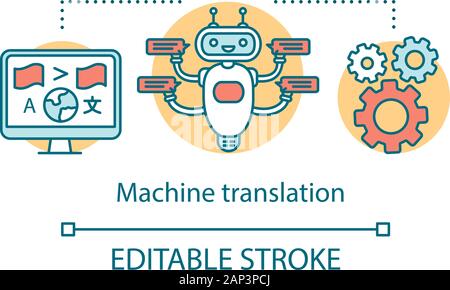 Translation services concept icon. Automated machine interpretation idea thin line illustration. Multilingual automatic online chatbot, bot. Vector is Stock Vector