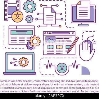 Text editing and processing software article page vector template. Brochure, magazine, booklet design element with linear icons and text boxes. Print Stock Vector