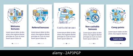Casino bonuses onboarding mobile app page screen with linear concepts. Gambling. Comp points, cash back, referral, welcome bonuses. Walkthrough steps Stock Vector