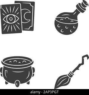 Magic glyph icons set. Tarot cards, potion, witch cauldron and broomstick. Witchcraft and sorcery Halloween items. Silhouette symbols. Vector isolated Stock Vector