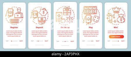 Online casino onboarding mobile app page screen with linear concepts. Register, deposit, get bonus, play and win. Walkthrough steps graphic instructio Stock Vector