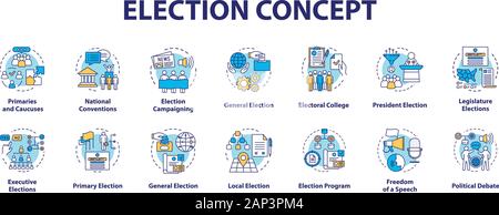Election concept icons set. Political campaign and propaganda idea thin line illustrations. President elections. Public opinion and voting. Vector iso Stock Vector