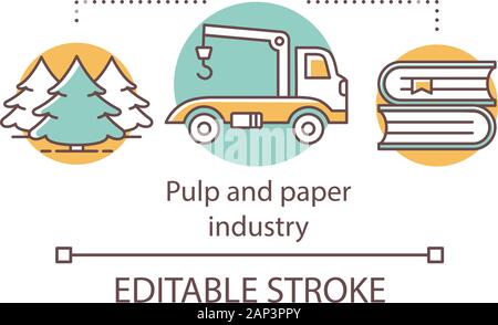 Pulp and paper industry concept icon. Wood processing. Cellulose-based products produce. Forest, timber, books idea thin line illustration. Vector iso Stock Vector