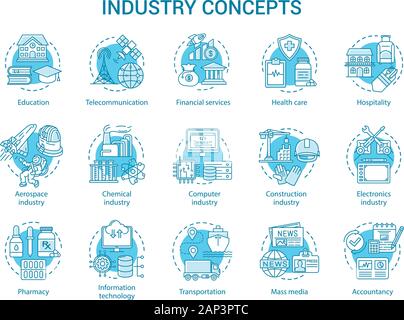 Industry concept icons set. Technology development. Manufacturing, provide service, research and development idea thin line illustrations. Vector isol Stock Vector