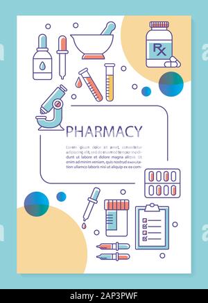 Pharmaceutical industry poster template layout. Drugs production. Banner, booklet, leaflet print design with linear icons. Vector brochure page layout Stock Vector