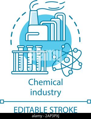 Chemical industry concept icon. Industrial chemicals producing. Plant, test tubes, molecule. Synthetic material production idea thin line illustration Stock Vector
