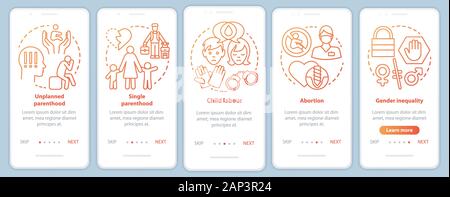 Social issues onboarding mobile app page screen with linear concepts. Single parenthood, child labour, abortion, gender inequality walkthrough graphic Stock Vector