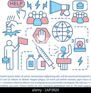 Social problems article page vector template. Drug abuse, unemployment issues. Brochure, magazine, booklet design element with linear icons. Print des Stock Vector