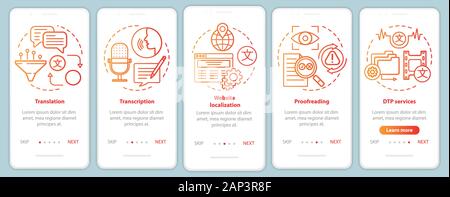 Text services red onboarding mobile app page screen vector template. Translation, proofreading. Walkthrough website steps with linear illustrations. U Stock Vector
