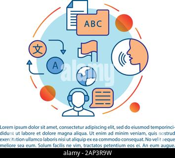 Translation career, profession article page vector template. Online translator. Brochure, magazine, booklet element with linear icons and text. Print Stock Vector