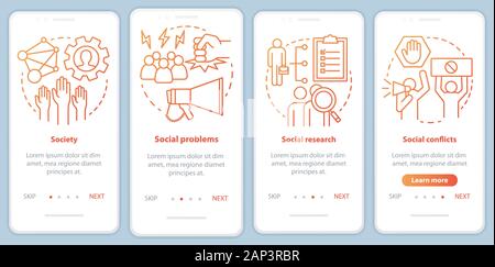 Sociology onboarding mobile app page screen with linear concepts. Society, social problems, conflicts walkthrough steps graphic instructions. Social r Stock Vector