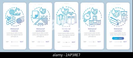 Waterproof equipment, clothing onboarding mobile app page screen with linear concepts. Moisture resistant gadgets walkthrough steps graphic instructio Stock Vector