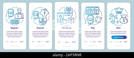 Online casino onboarding mobile app page screen with linear concepts. Register, deposit, get bonus, play and win. Walkthrough steps graphic instructio Stock Vector