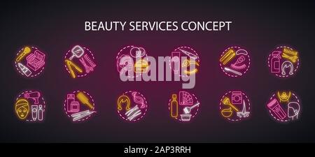 Beauty services neon light concept icons set. Beauty salon, SPA face skin care procedures idea. Hairdressing and makeup. Hair treatment and hairstylin Stock Vector