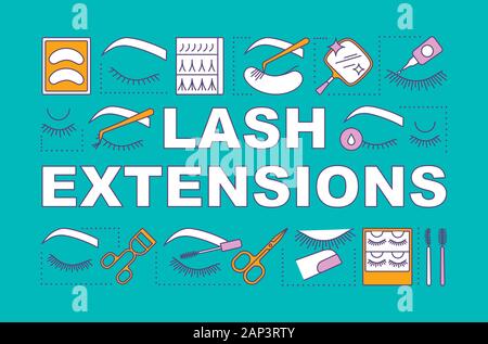 Lash extensions word concepts banner. Beauty service. Classic, 2d and 3d volume. Eyelash curling. Presentation, website. Isolated lettering typography Stock Vector