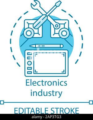 Electronics industry concept icon. Technical service. Production and repair automation. Robot hands tablet idea thin line illustration. Vector isolate Stock Vector