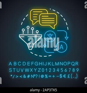 Translation neon light concept icon. Online translator idea. Multilingual translation and interpretation application. Glowing sign with alphabet, numb Stock Vector