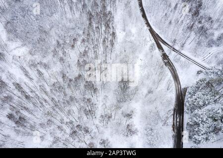 aerial top down image of winter forest covered with snow. road in snowy forest Stock Photo