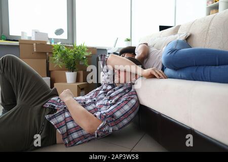 Sleeping family after re-housing Stock Photo